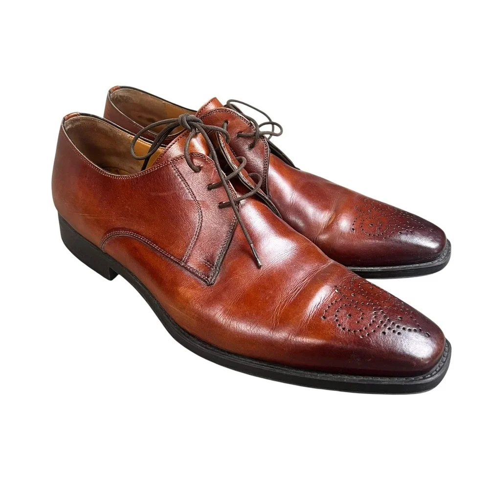 Magnanni Mens Cognac Leather Medallion Toe Derby Dress Shoes Made in Spain